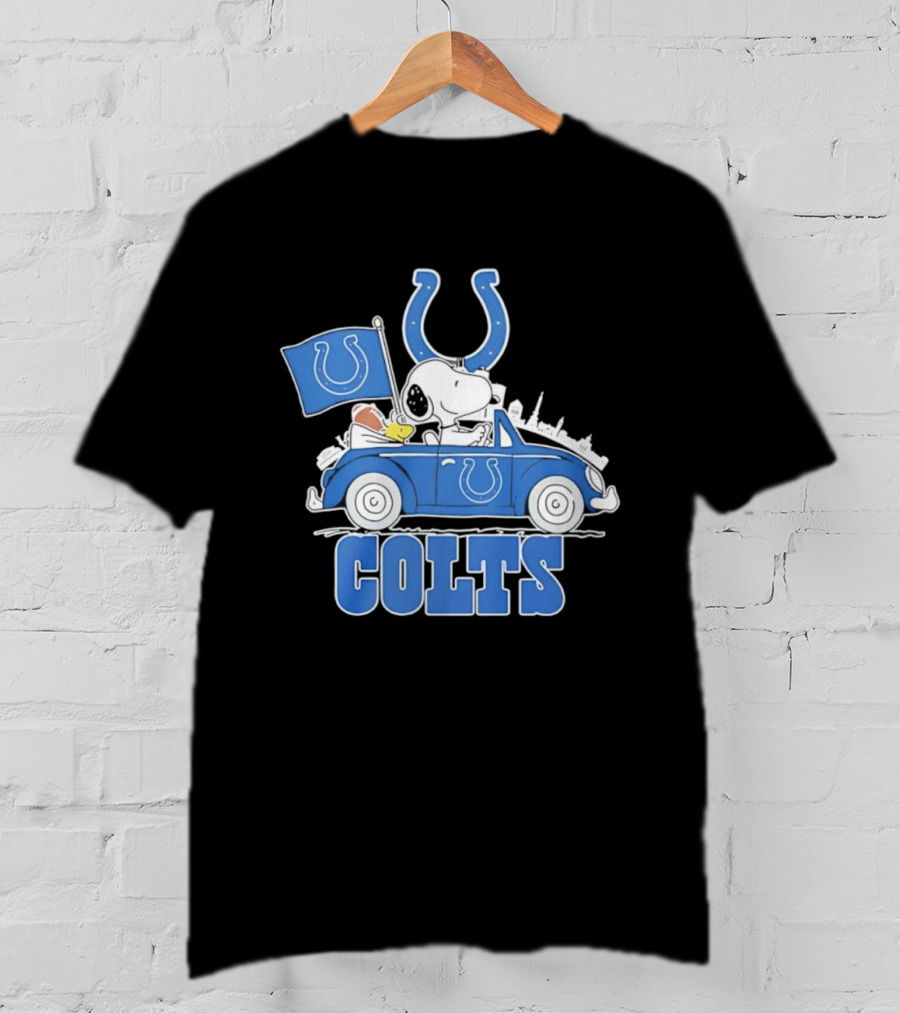 Peanuts Indianapolis Colts Snoopy Driving Car With Mascot Flag T-Shirt