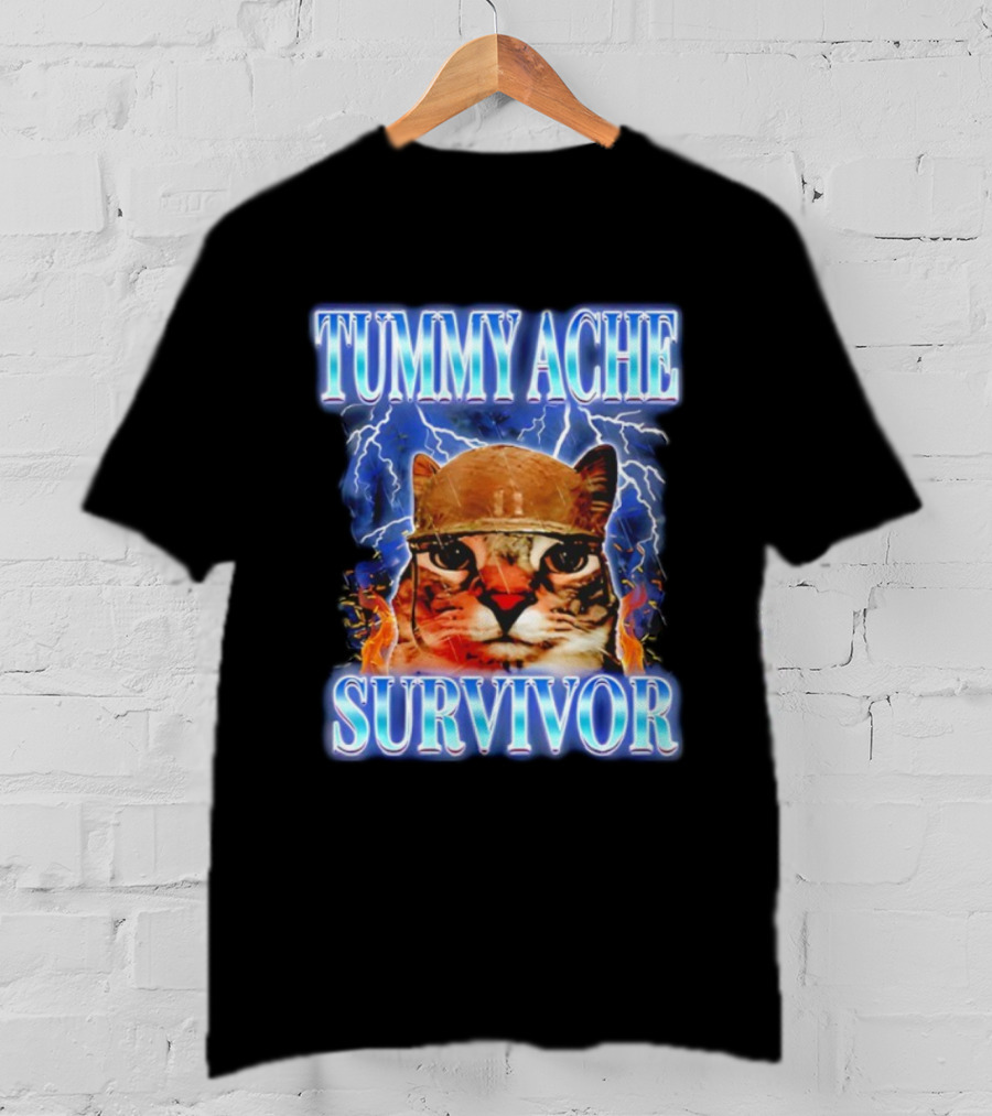 Tummy Ache Survivor Cat Meme Lightning Background T-Shirt