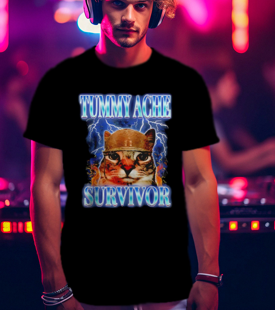 Tummy Ache Survivor Cat Meme Lightning Background T-Shirt
