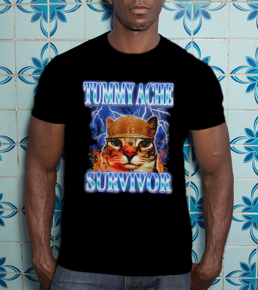 Tummy Ache Survivor Cat Meme Lightning Background T-Shirt
