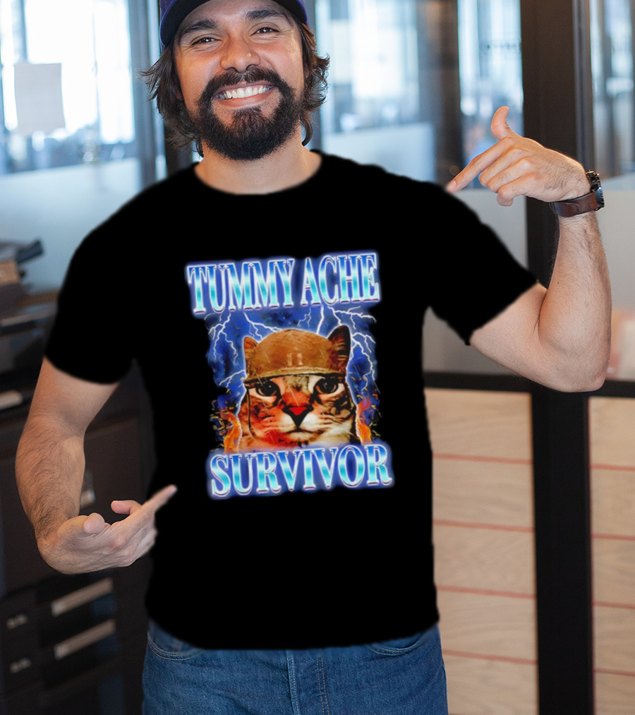 Tummy Ache Survivor Cat Meme Lightning Background T-Shirt