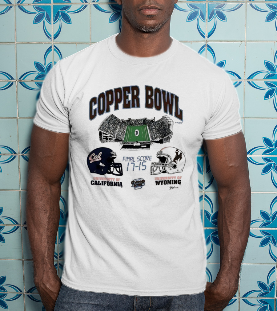 Copper Bowl Final Score 17-15 University Of Cal Vs Wyoming Football Helmets Stadium T-Shirt