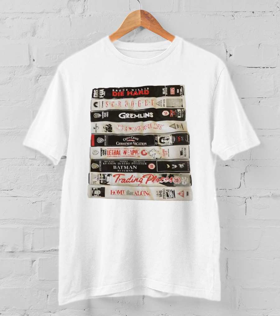 Die Hard Scrooged Gremlins Wonderful Life Christmas Vacation Lethal Weapon Batman Trading Places Home Alone VHS Stack T-Shirt