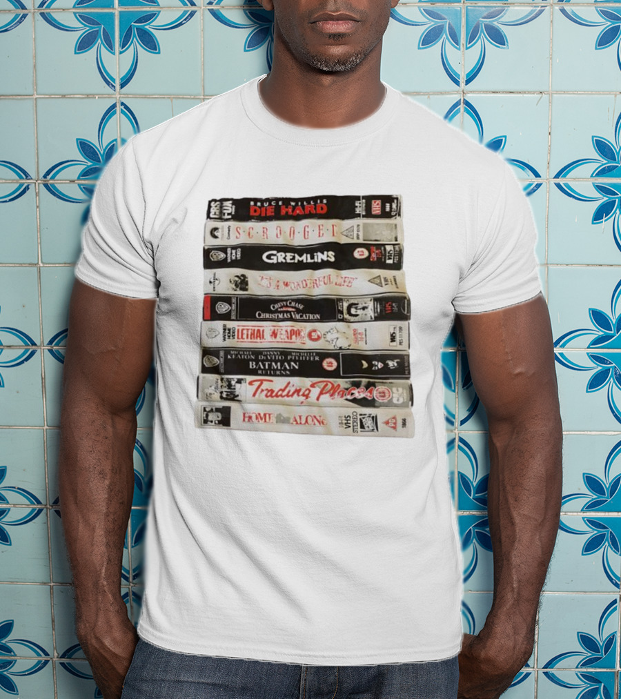 Die Hard Scrooged Gremlins Wonderful Life Christmas Vacation Lethal Weapon Batman Trading Places Home Alone VHS Stack T-Shirt