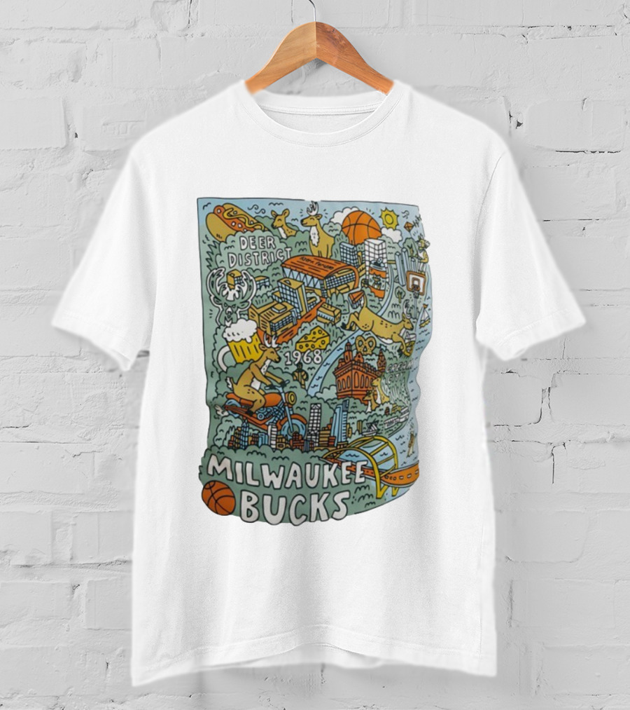 Milwaukee Bucks 1968 Deer District Basketball Cityscape 2025 26 Marvell T-Shirt