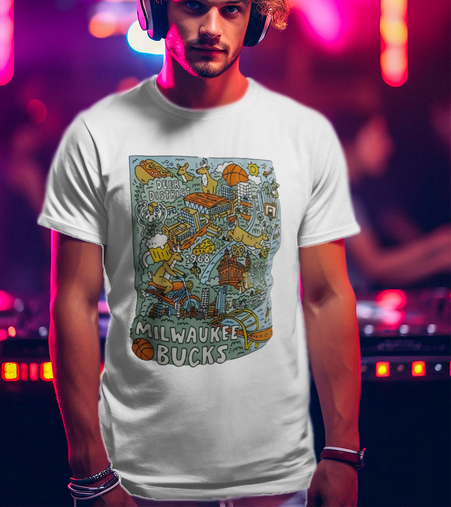 Milwaukee Bucks 1968 Deer District Basketball Cityscape 2025 26 Marvell T-Shirt
