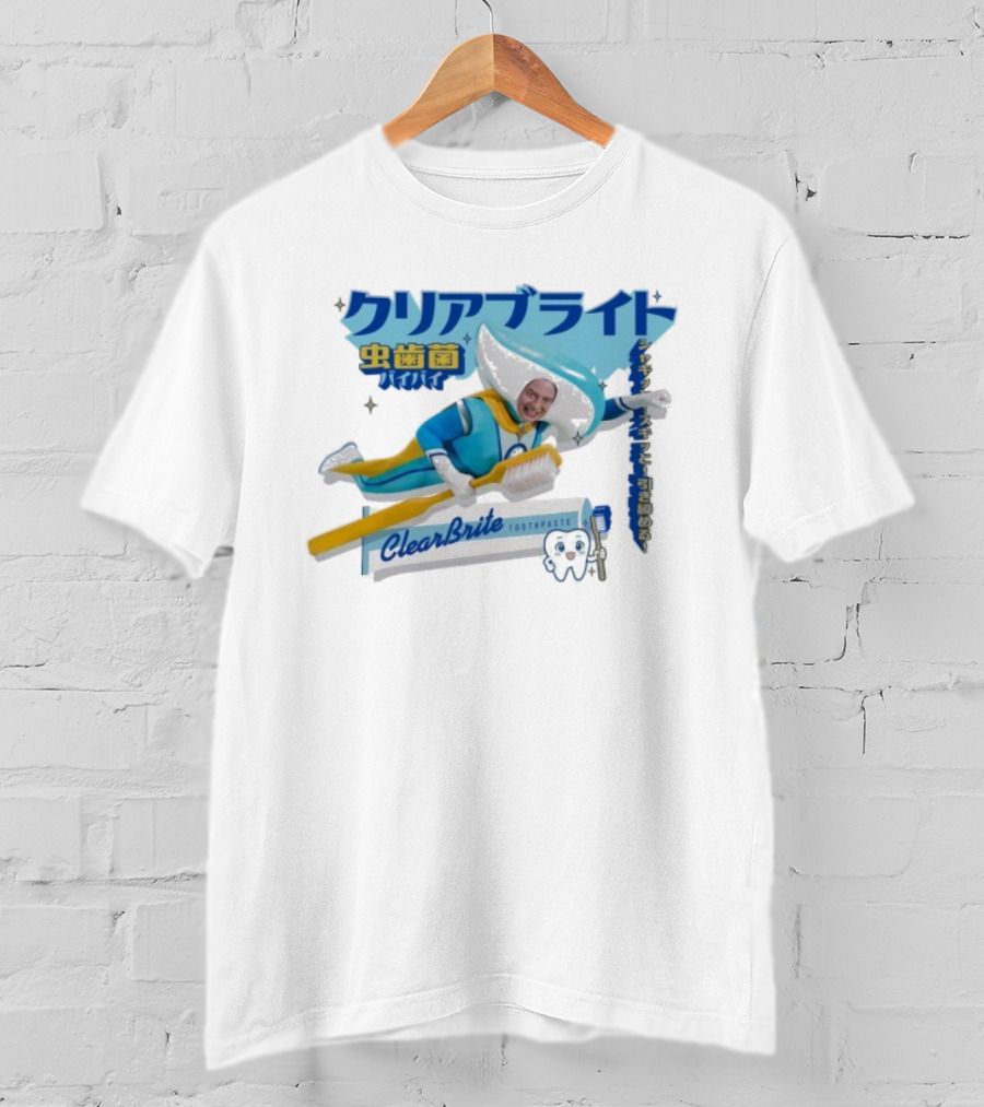 Clearbrite Toothpaste Flying Hero With Toothbrush And Japanese Text T-Shirt