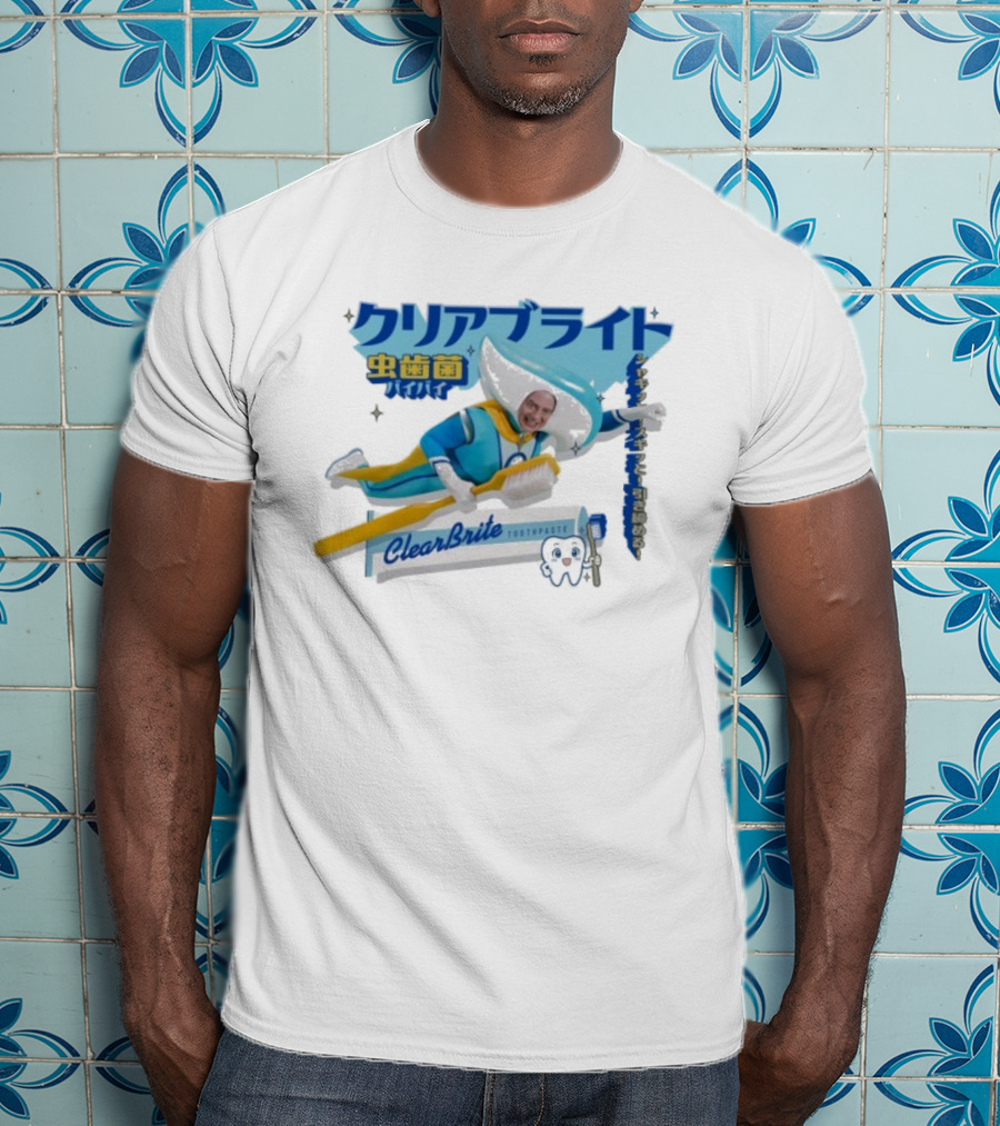 Clearbrite Toothpaste Flying Hero With Toothbrush And Japanese Text T-Shirt