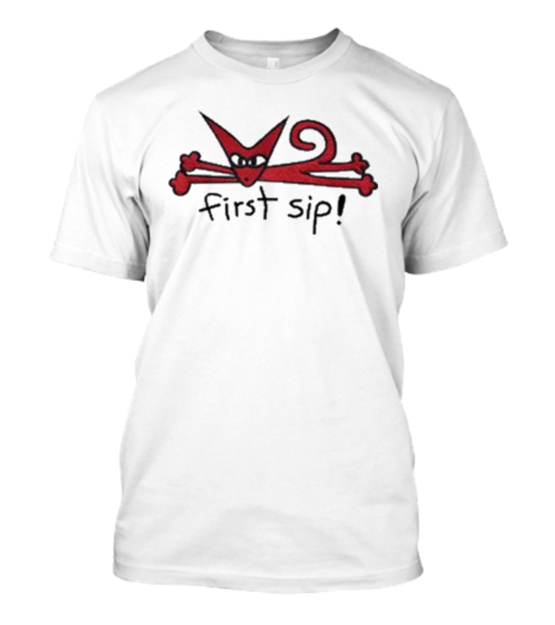 Sinjin Drowning Cat First Sip Red Skull And Crossbones T-Shirt