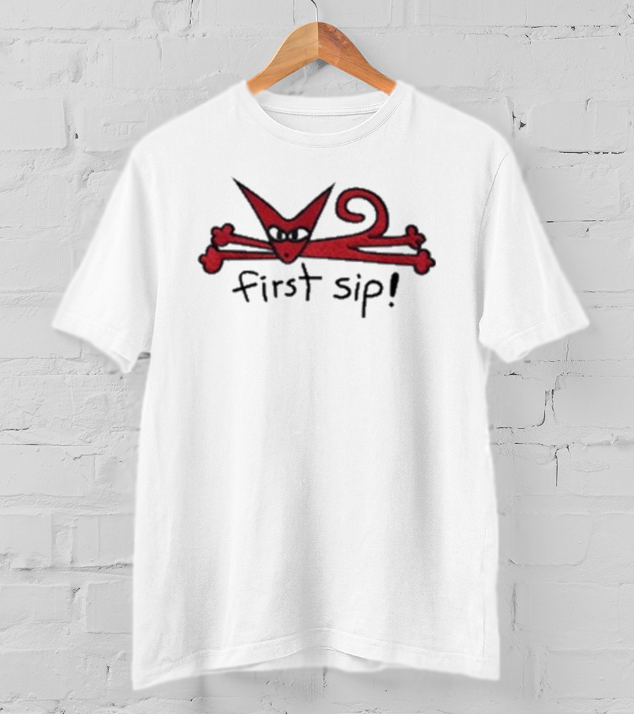 Sinjin Drowning Cat First Sip Red Skull And Crossbones T-Shirt