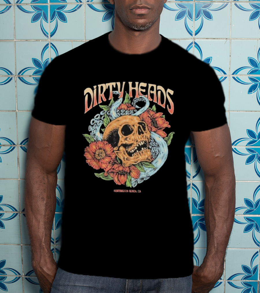 Dirty Heads Huntington Beach CA Skull Octopus Floral T-Shirt