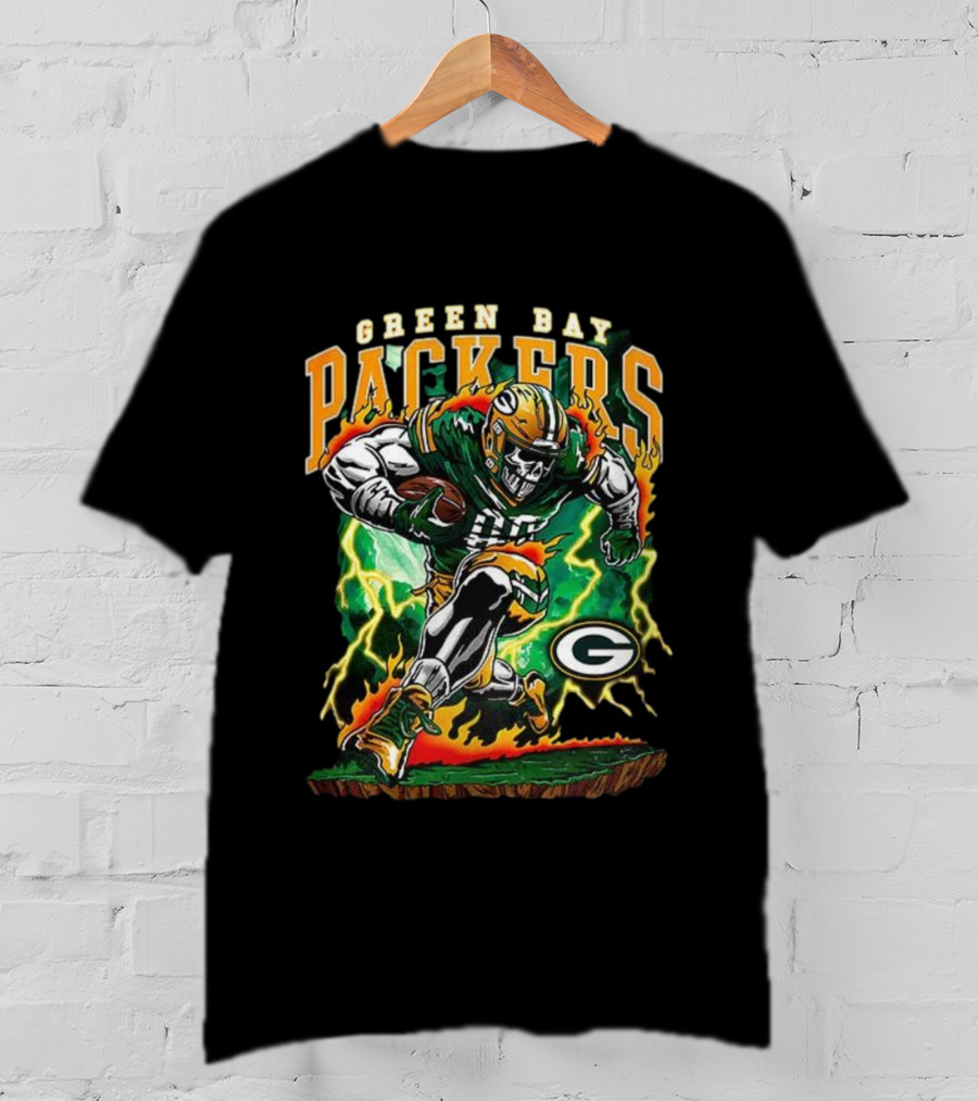 Green Bay Packers Skeleton Player Football Lightning Burst T-Shirt