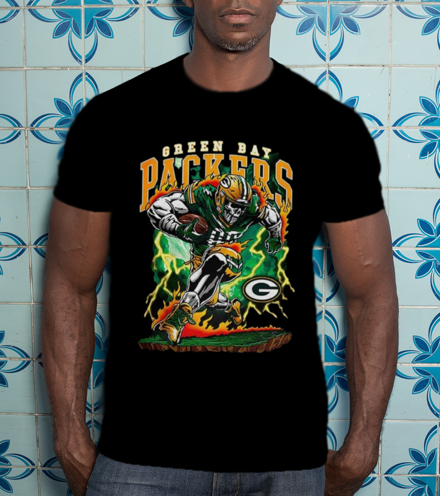 Green Bay Packers Skeleton Player Football Lightning Burst T-Shirt