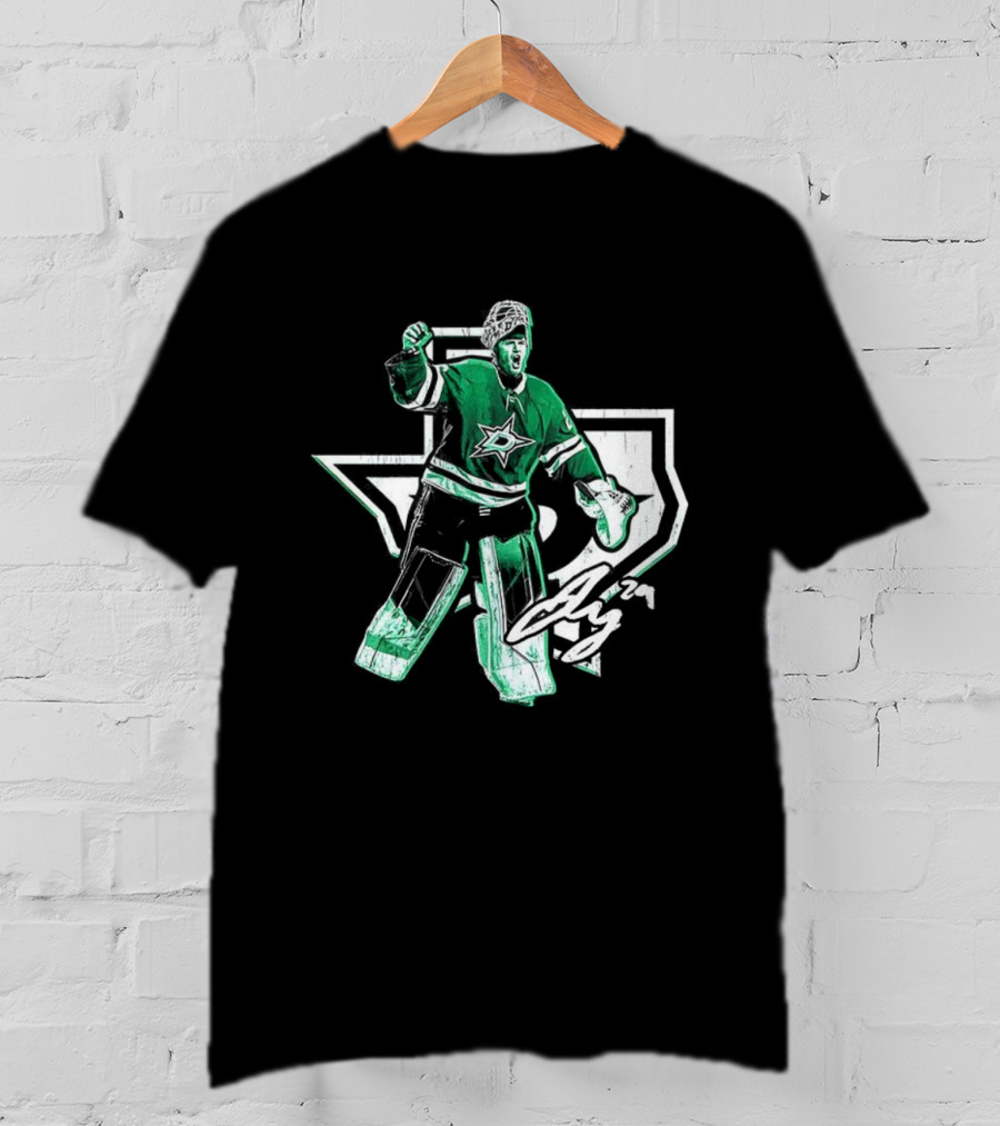 Jake Oettinger Dallas Stars NHL Texas Goalie Iconic Green White Gear T-Shirt