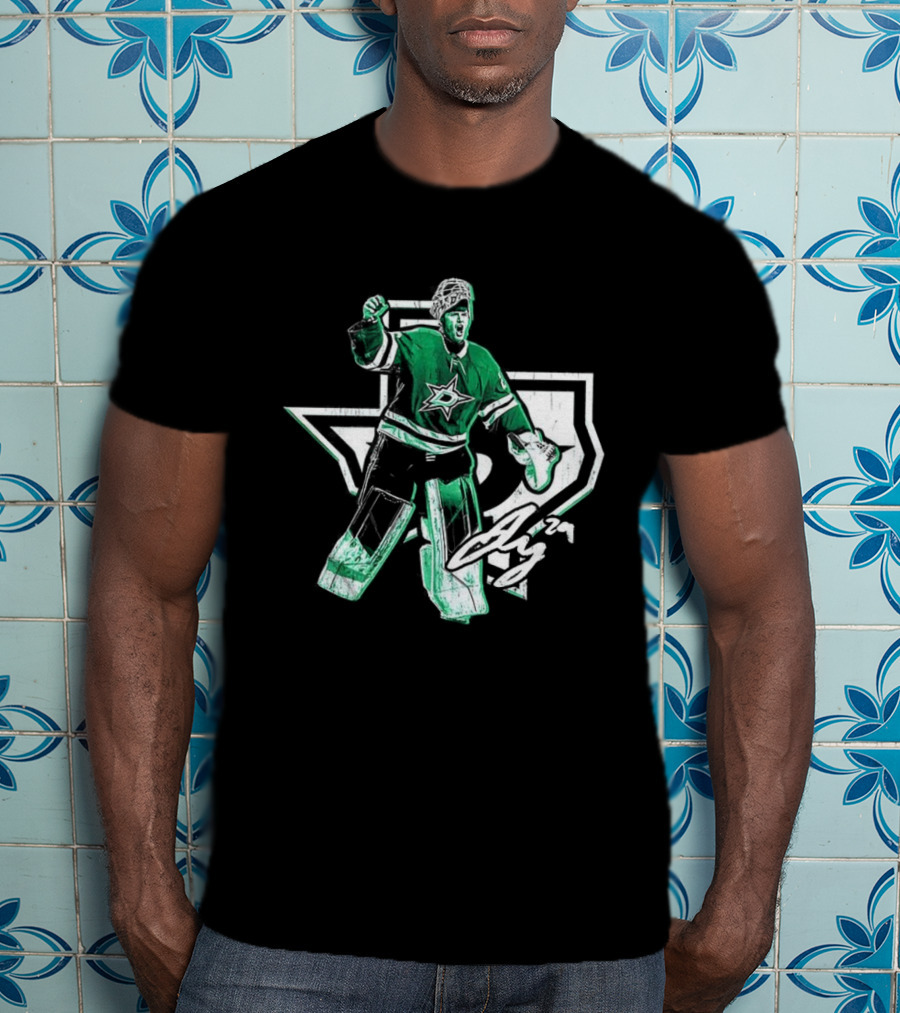 Jake Oettinger Dallas Stars NHL Texas Goalie Iconic Green White Gear T-Shirt