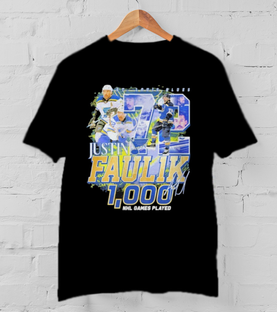 St. Louis Blues Justin Faulk 72 1000 NHL Games Played Signature T-Shirt