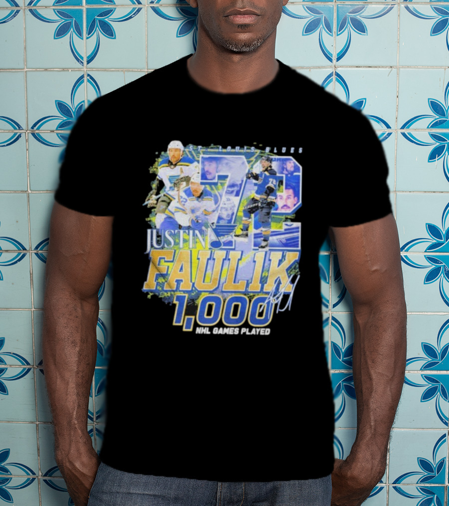 St. Louis Blues Justin Faulk 72 1000 NHL Games Played Signature T-Shirt