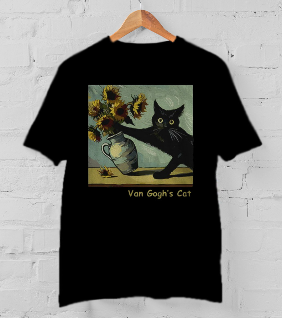 Van Gogh's Cat Sunflowers Funny Art Parody Cat Hugging Vase Painting T-Shirt