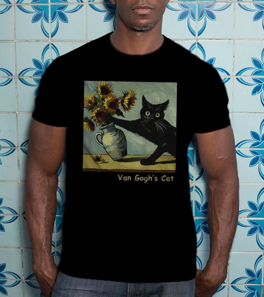 Van Gogh's Cat Sunflowers Funny Art Parody Cat Hugging Vase Painting T-Shirt