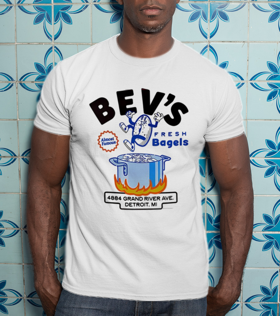 Bev’s Fresh Bagels 4884 Grand River Ave Detroit Animated Boiling Bagel Cartoon T-Shirt
