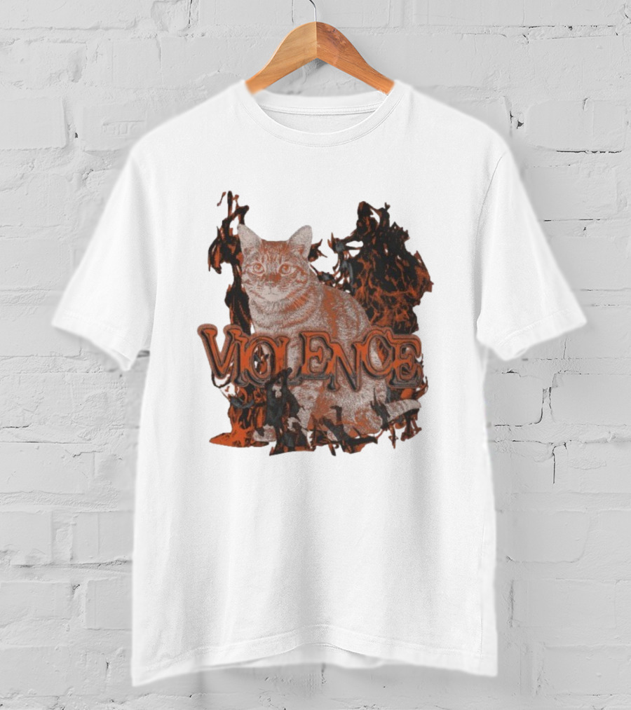 Violence Cat Flames Bold Typography Fiery Graphic T-Shirt