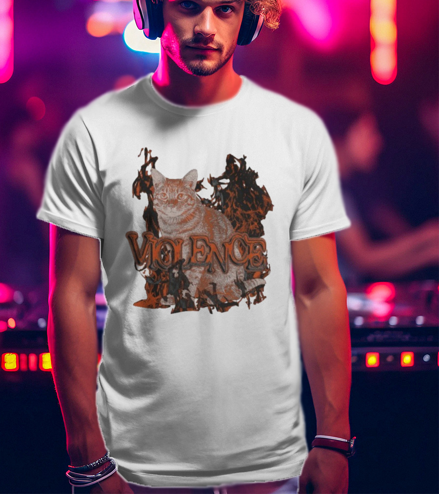Violence Cat Flames Bold Typography Fiery Graphic T-Shirt
