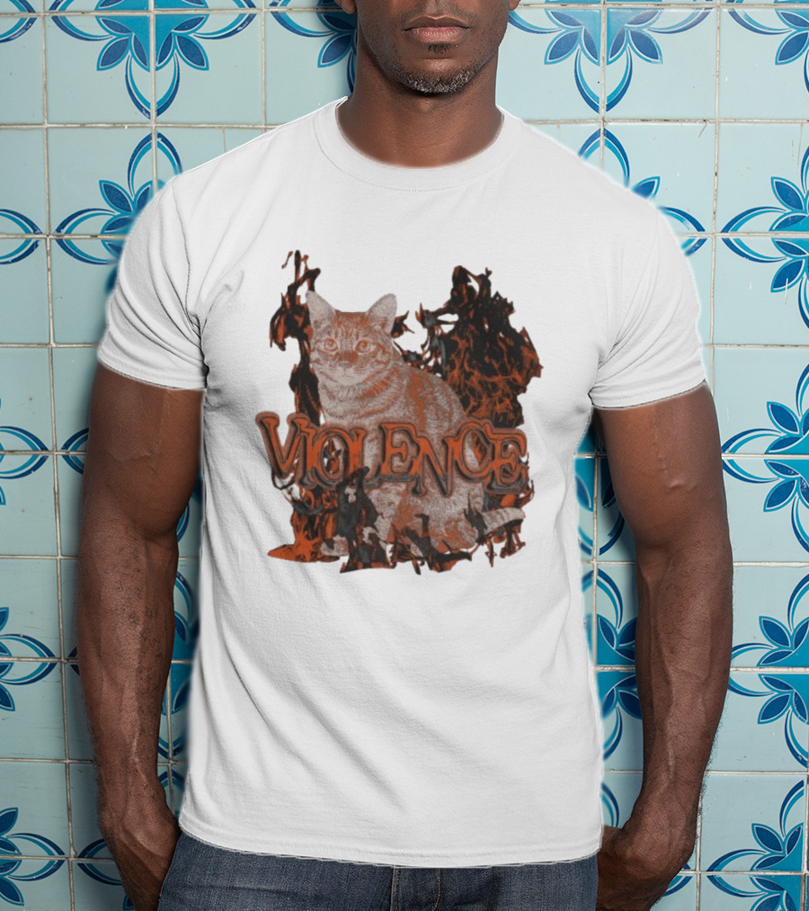 Violence Cat Flames Bold Typography Fiery Graphic T-Shirt