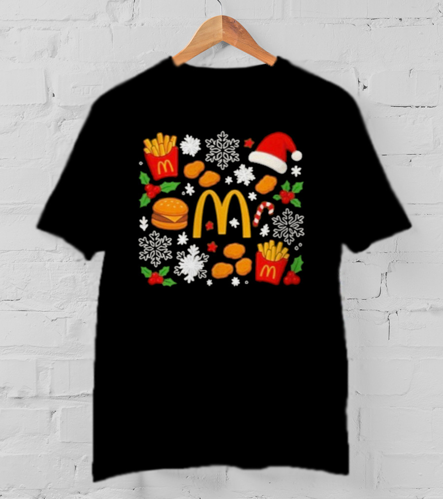 McDonald's Holiday Merry Christmas Fries Nuggets Snowflakes Candy Cane Santa Hat T-Shirt