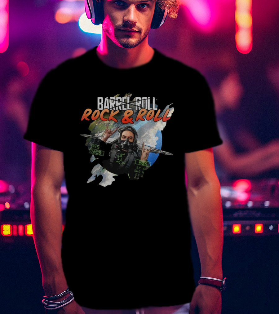 Barrel Roll Rock And Roll Pilot With Earth And Jet Background T-Shirt