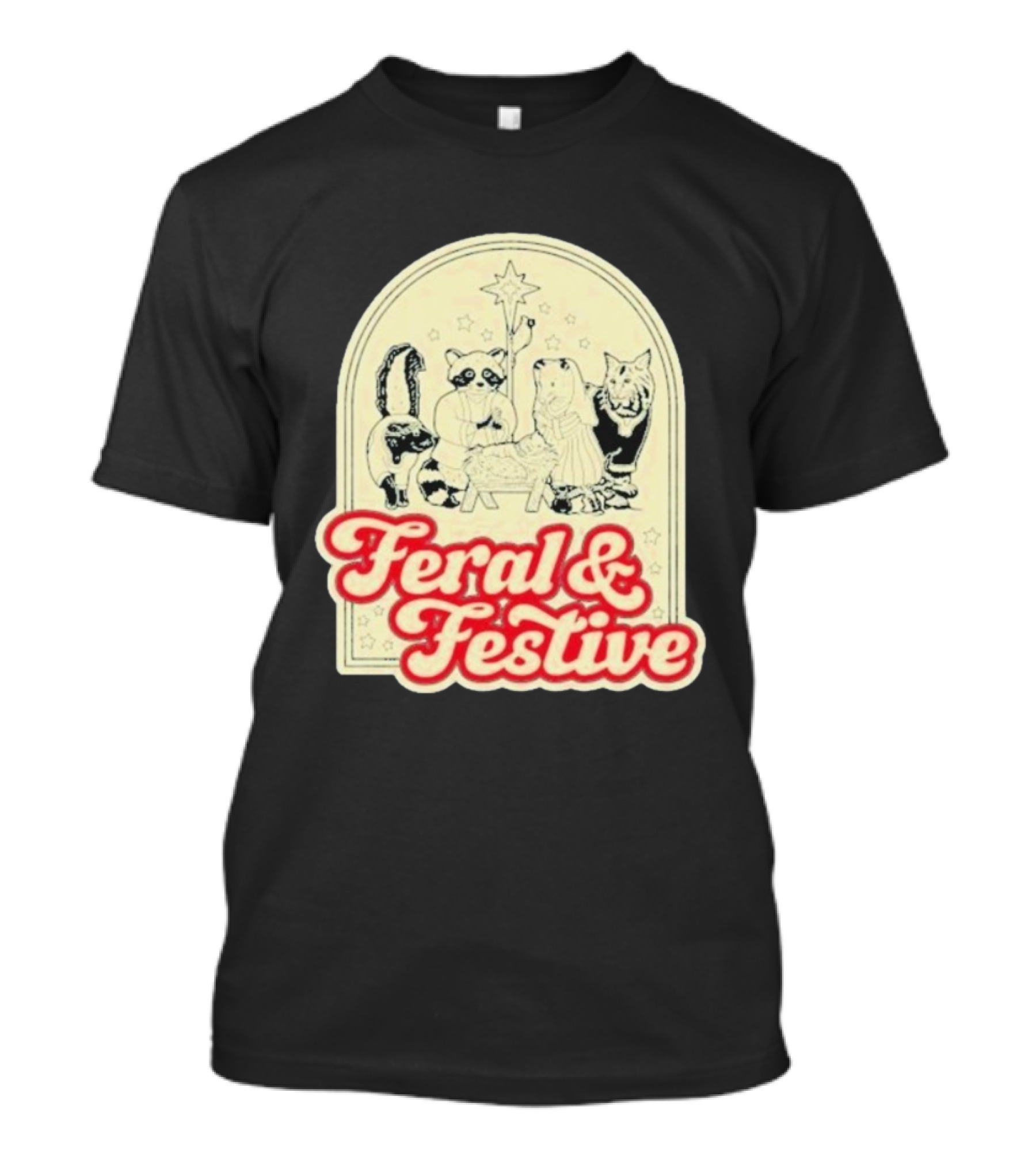 Feral And Festive Animal Nativity Scene Christmas Humor Raccoon Cat Skunk Ensemble T-Shirt