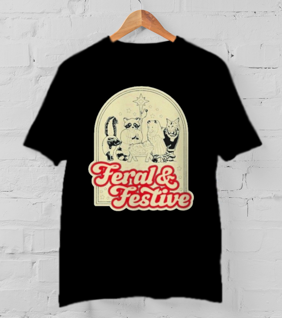 Feral And Festive Animal Nativity Scene Christmas Humor Raccoon Cat Skunk Ensemble T-Shirt
