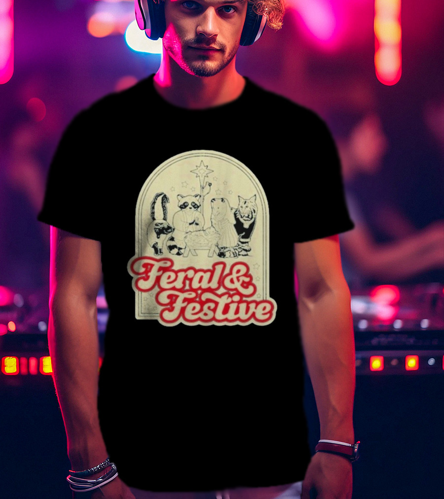 Feral And Festive Animal Nativity Scene Christmas Humor Raccoon Cat Skunk Ensemble T-Shirt