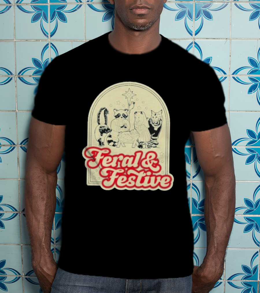 Feral And Festive Animal Nativity Scene Christmas Humor Raccoon Cat Skunk Ensemble T-Shirt