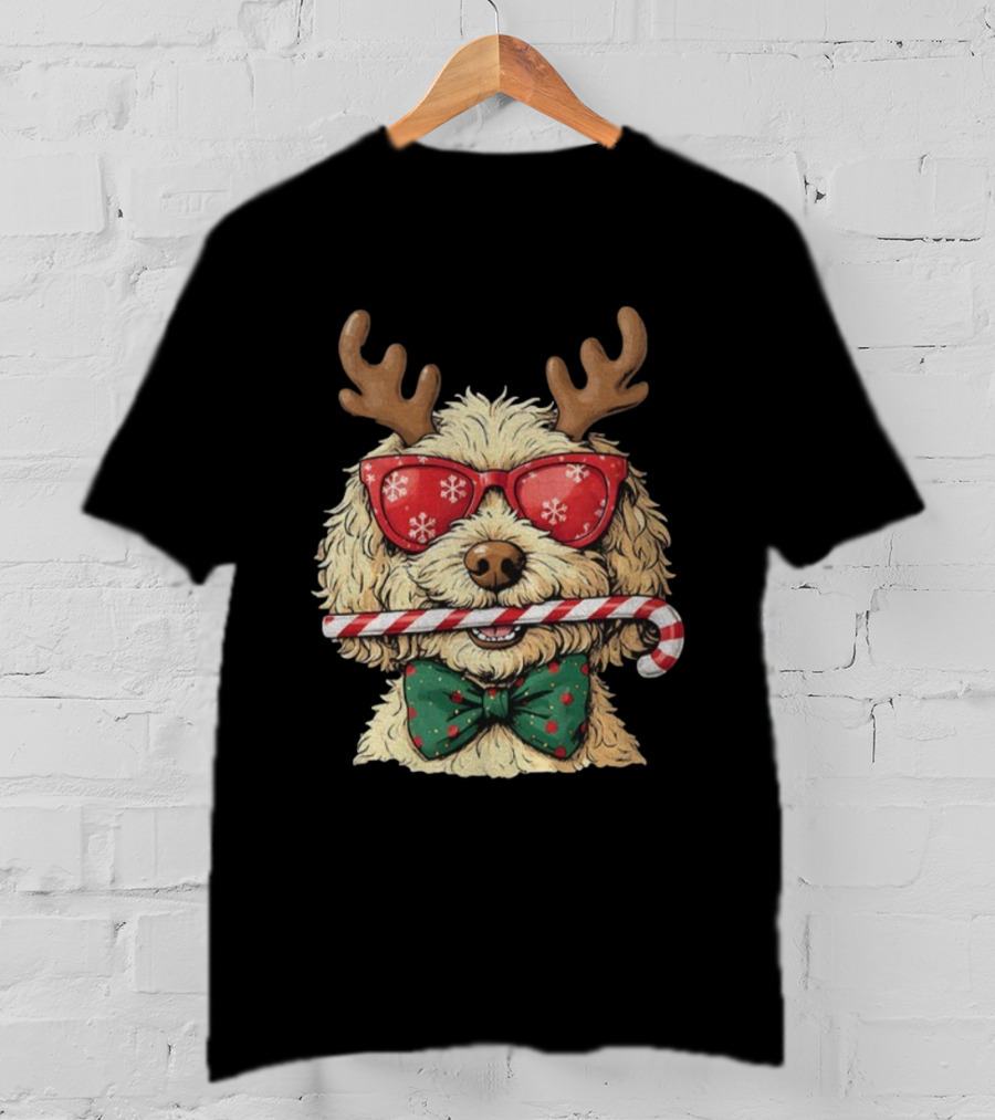Goldendoodle Reindeer Antlers Candy Cane Snowflake Sunglasses Christmas Bow Tie T-Shirt
