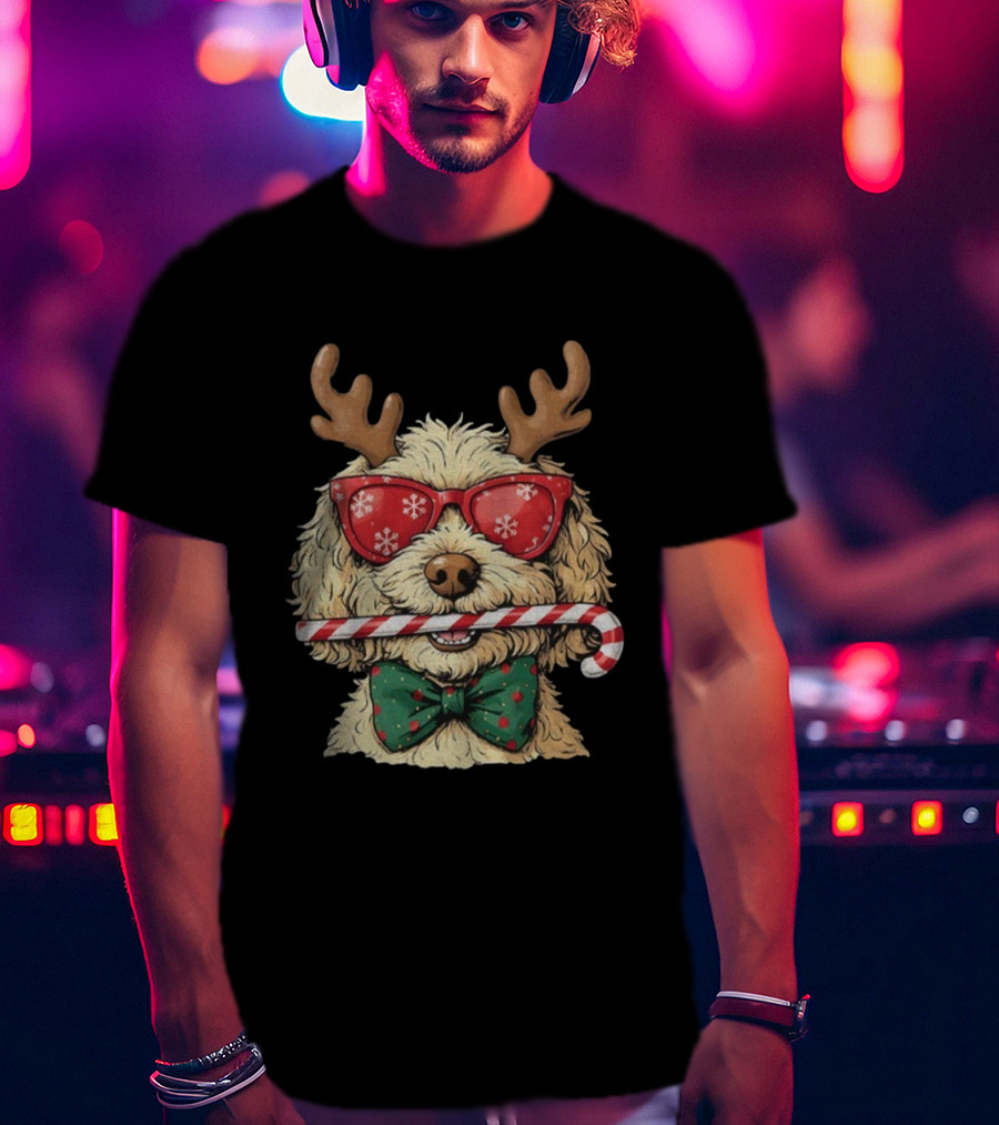 Goldendoodle Reindeer Antlers Candy Cane Snowflake Sunglasses Christmas Bow Tie T-Shirt