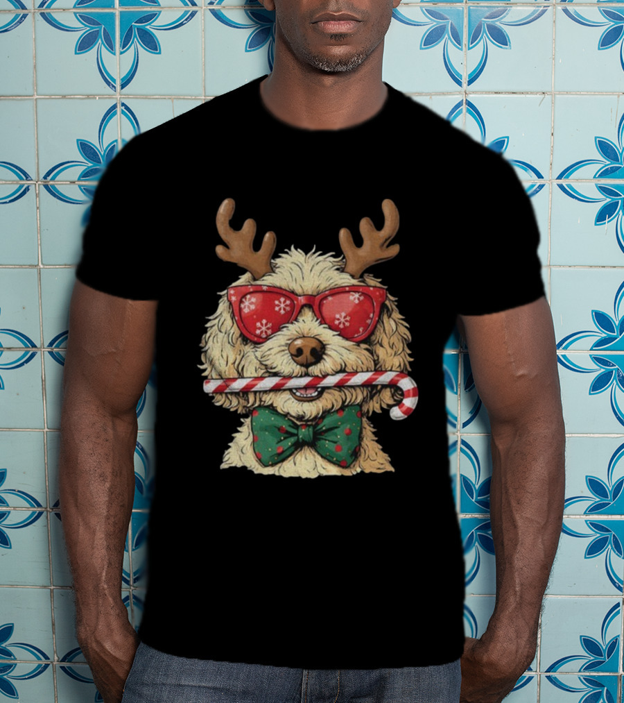 Goldendoodle Reindeer Antlers Candy Cane Snowflake Sunglasses Christmas Bow Tie T-Shirt
