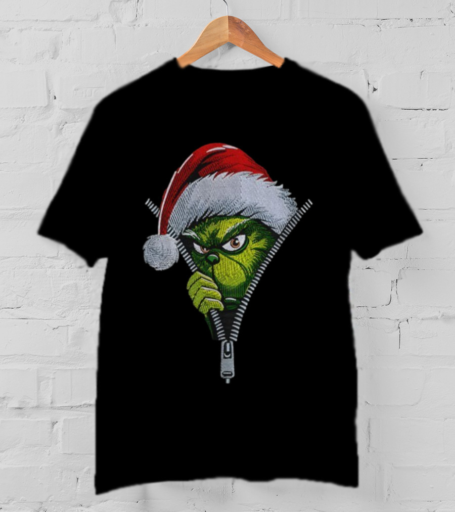 Grinch Santa Hat Christmas Zipper Peeker T-Shirt