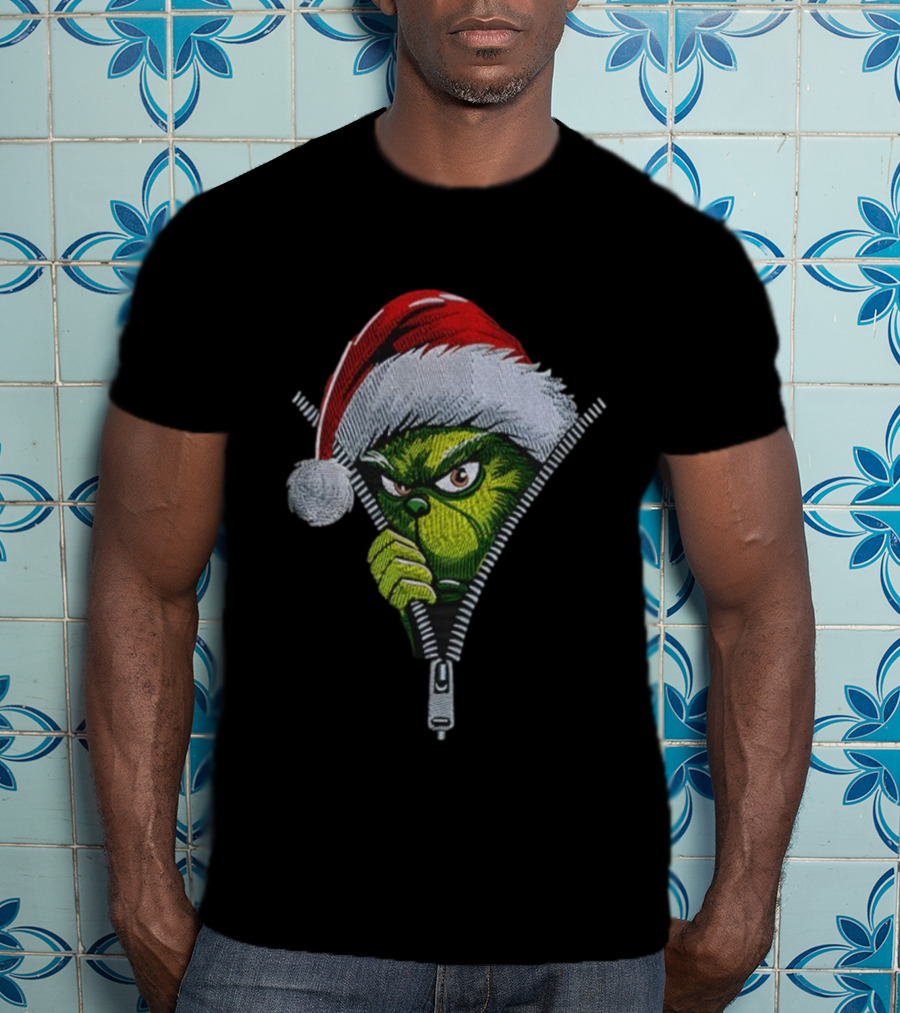 Grinch Santa Hat Christmas Zipper Peeker T-Shirt