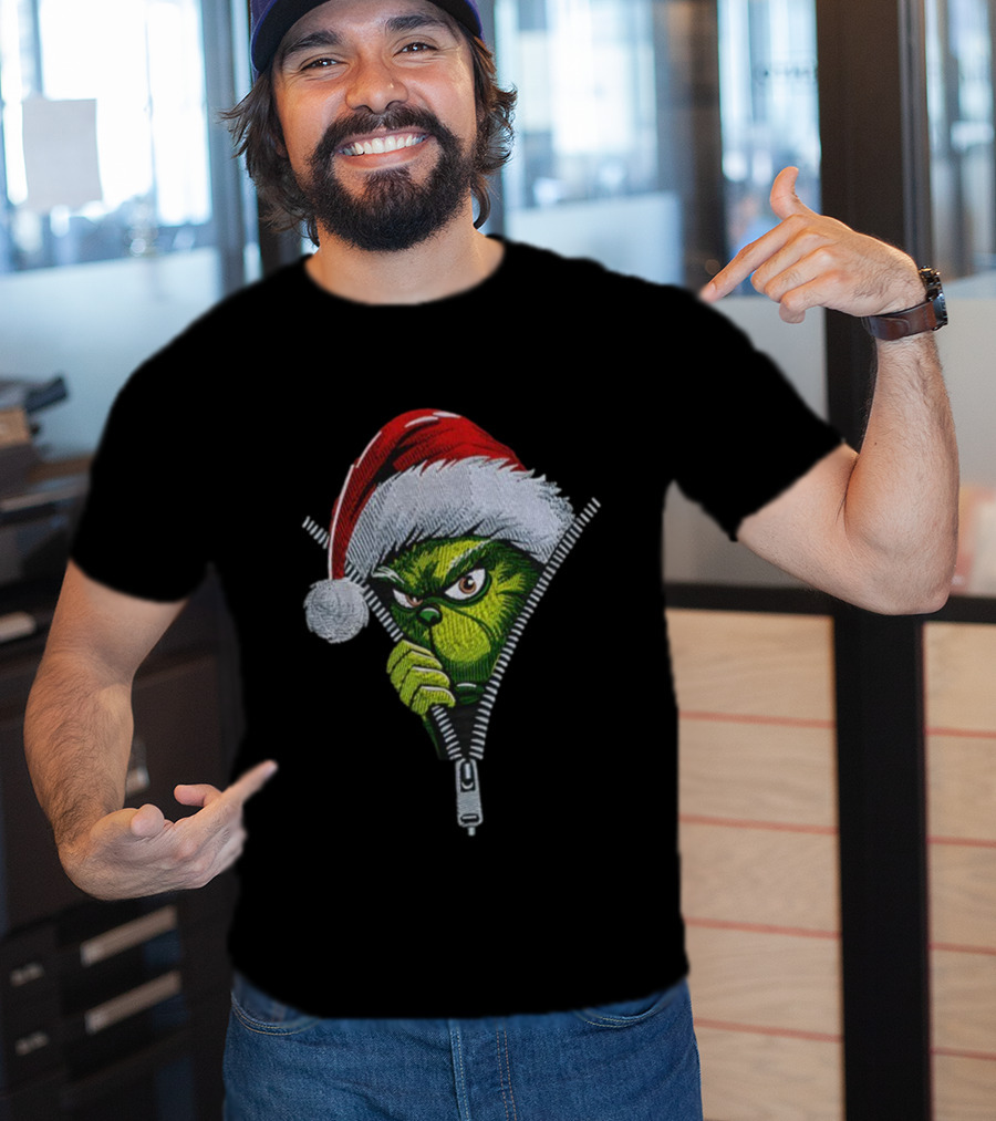 Grinch Santa Hat Christmas Zipper Peeker T-Shirt