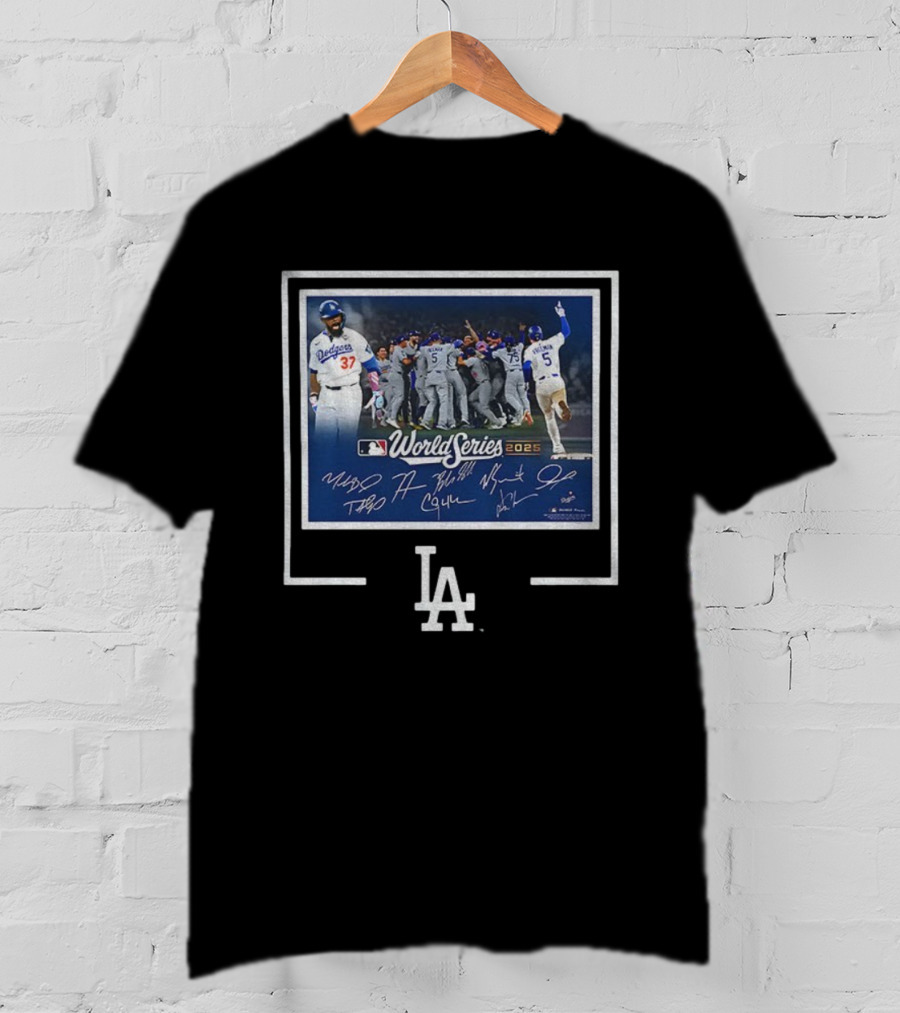 Los Angeles Dodgers 2025 World Series MLB Champions Autographed Photo Dodgers Team Celebration T-Shirt