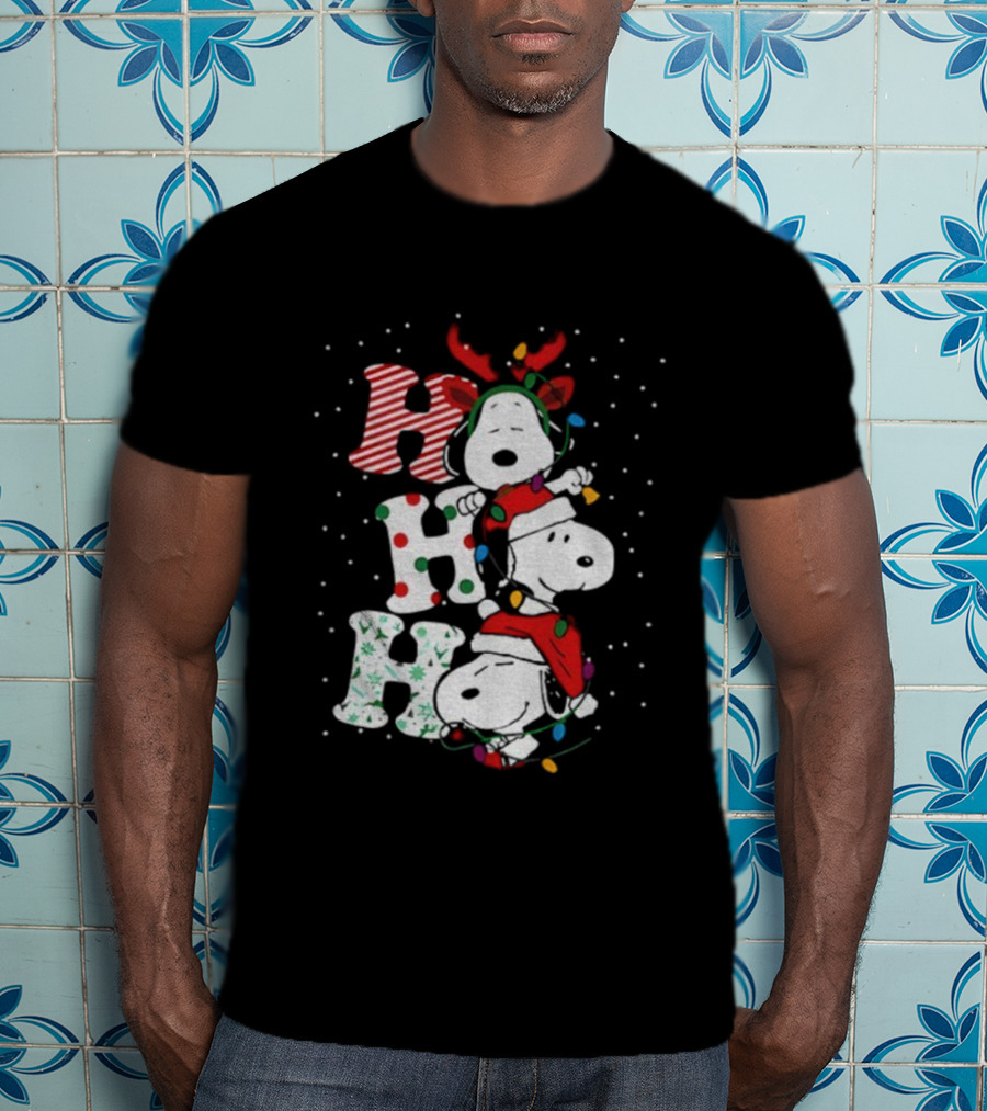 Snoopy Ho Ho Ho Santa Hat Reindeer Antlers Christmas Lights Snowflakes 2025 T-Shirt
