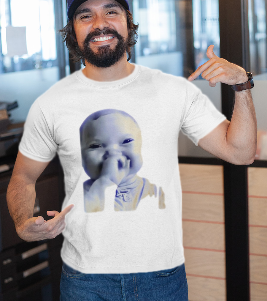 AI Baby Holding Laugh Meme Blue Tones T-Shirt