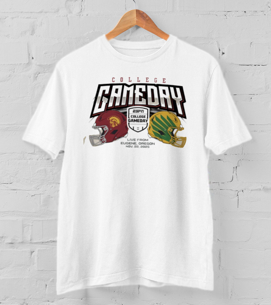 ESPN College GameDay Eugene Oregon Nov 22 2025 USC Trojans Vs Oregon Ducks Helmets T-Shirt