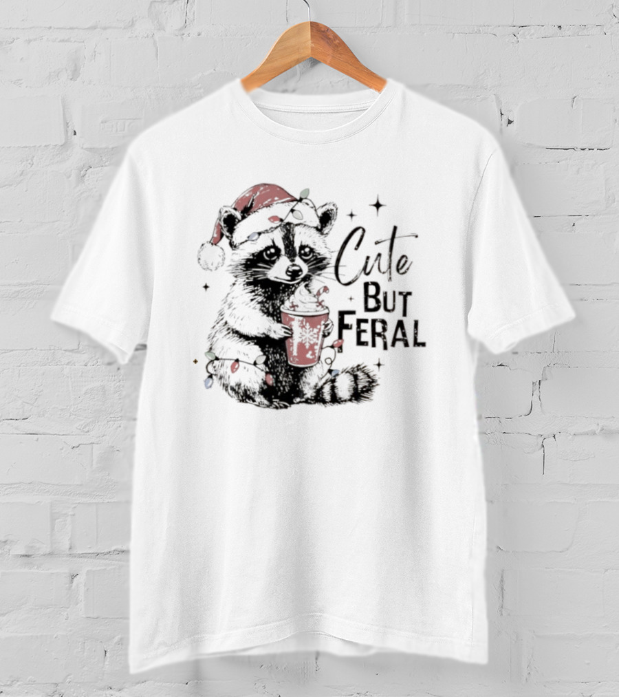 Cute But Feral Christmas Raccoon Santa Hat Lights Hot Cocoa T-Shirt