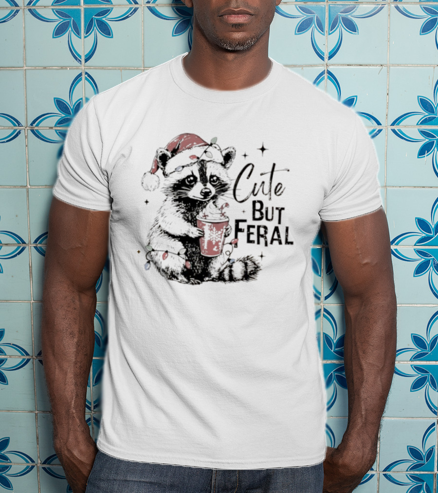 Cute But Feral Christmas Raccoon Santa Hat Lights Hot Cocoa T-Shirt