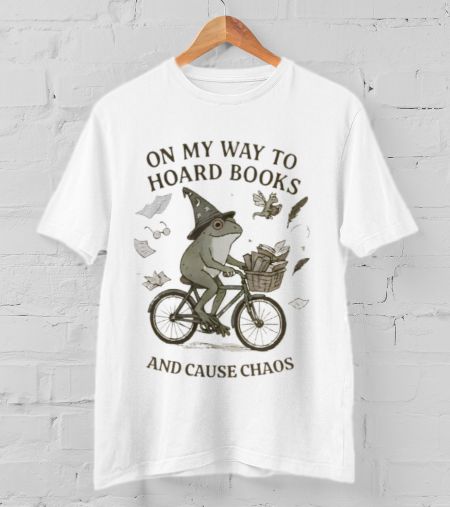 On My Way To Hoard Books And Cause Chaos Frog Riding Bike With Leaves T-Shirt
