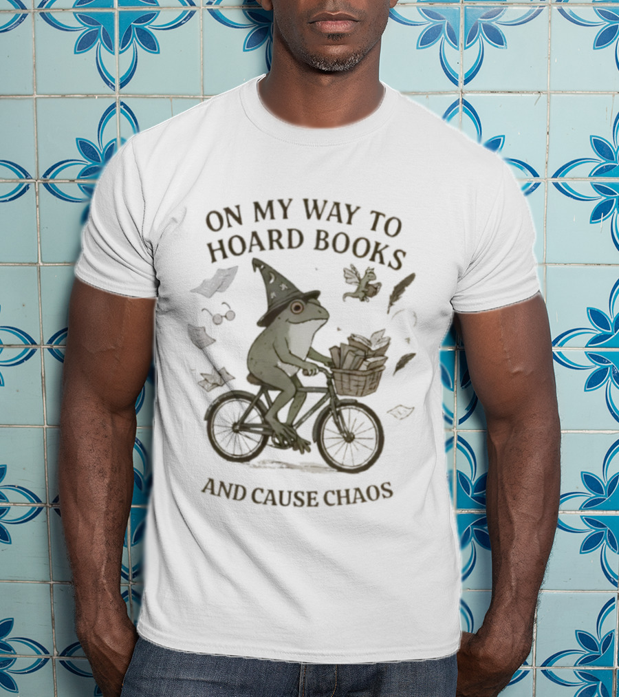 On My Way To Hoard Books And Cause Chaos Frog Riding Bike With Leaves T-Shirt