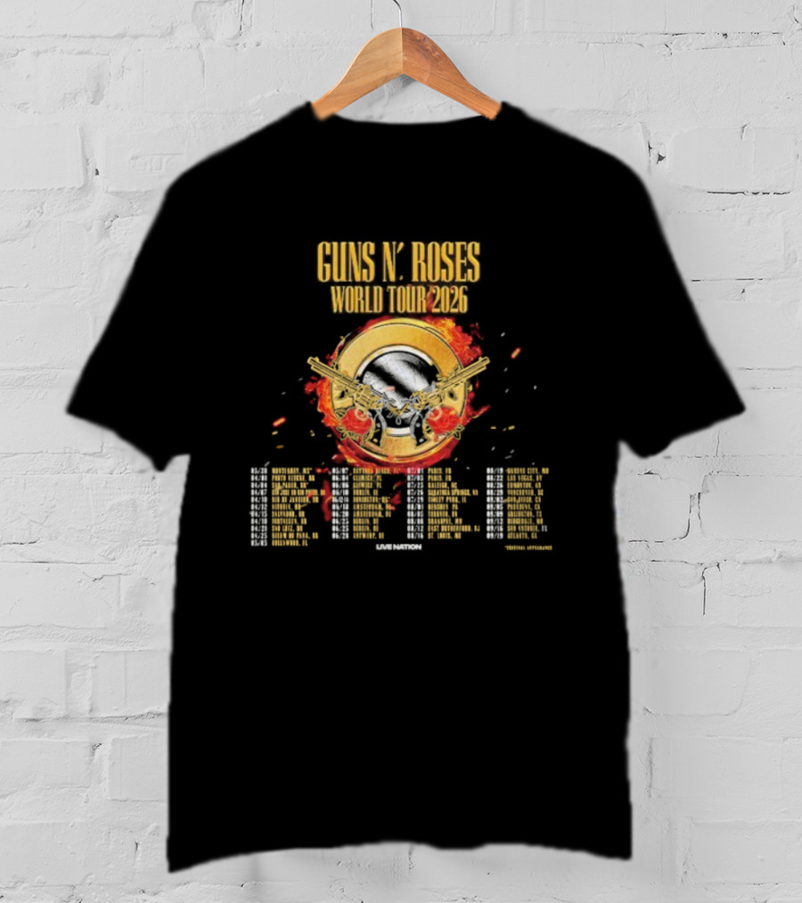 Guns N Roses World Tour 2026 Dates Skull And Pistols Flame Logo T-Shirt