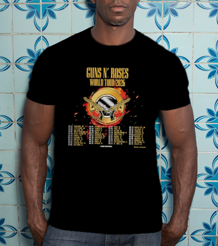Guns N Roses World Tour 2026 Dates Skull And Pistols Flame Logo T-Shirt