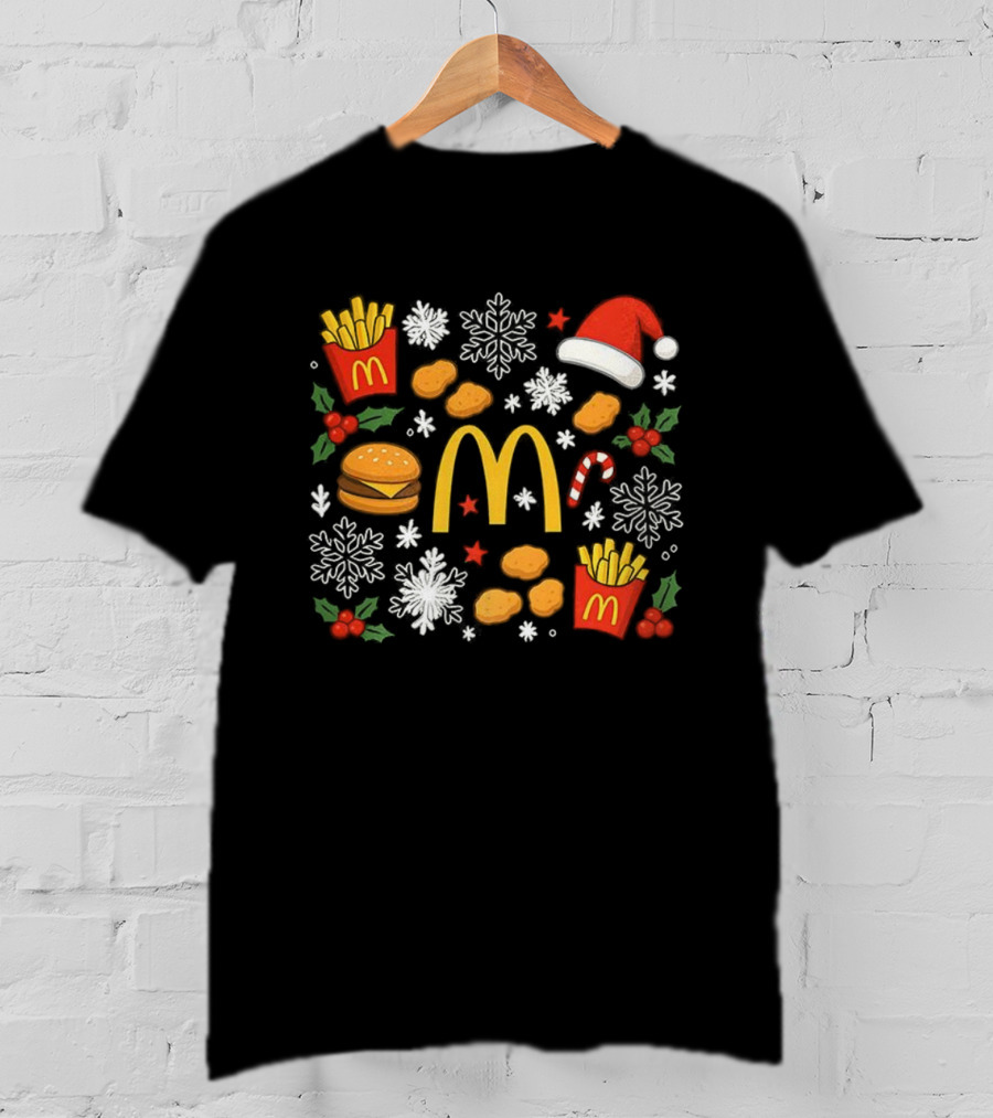 McDonald’s French Fries Chicken Nuggets Burgers Christmas Santa Hat Snowflakes Candy Cane T-Shirt
